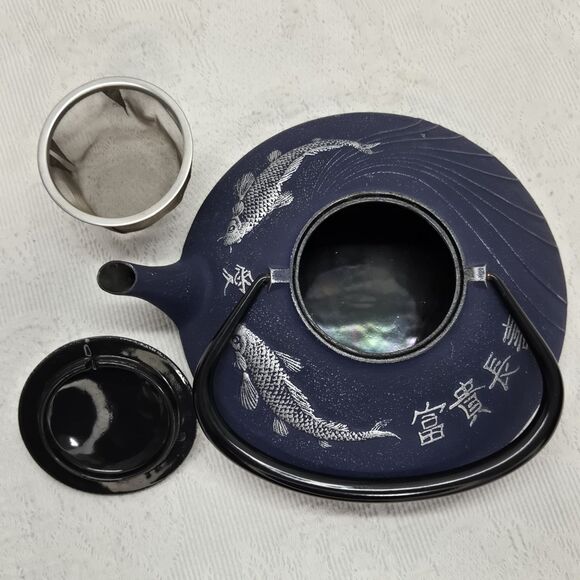 Teavana Japanese Blue Koi Fish Cast Iron Tea Pot Handmade Prosperity - Picture 2 of 10